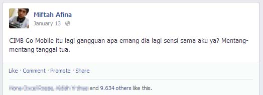 Status Facebook tentang CIMB Go Mobile